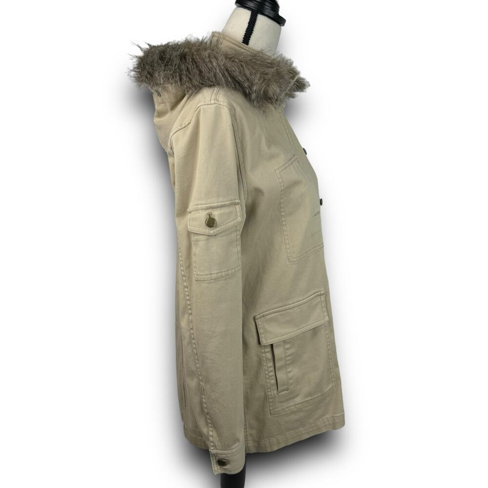 CAbi Nanook Tan Cotton Twill Utility Jacket Lightweight Faux Fur Hood Size Small - Picture 5 of 13